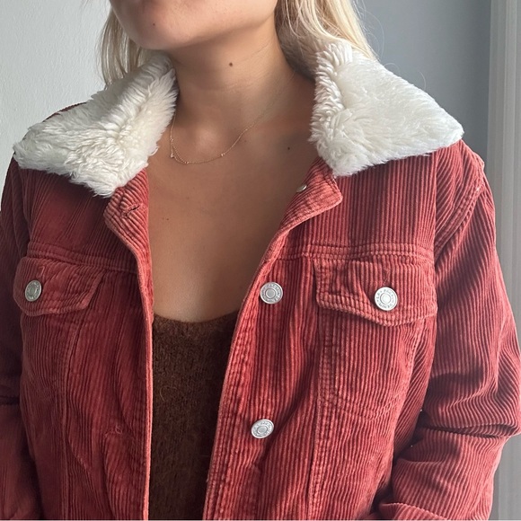 PacSun Faux Fur Collar Corduroy Oversized Jacket in Rust - Picture 5 of 14